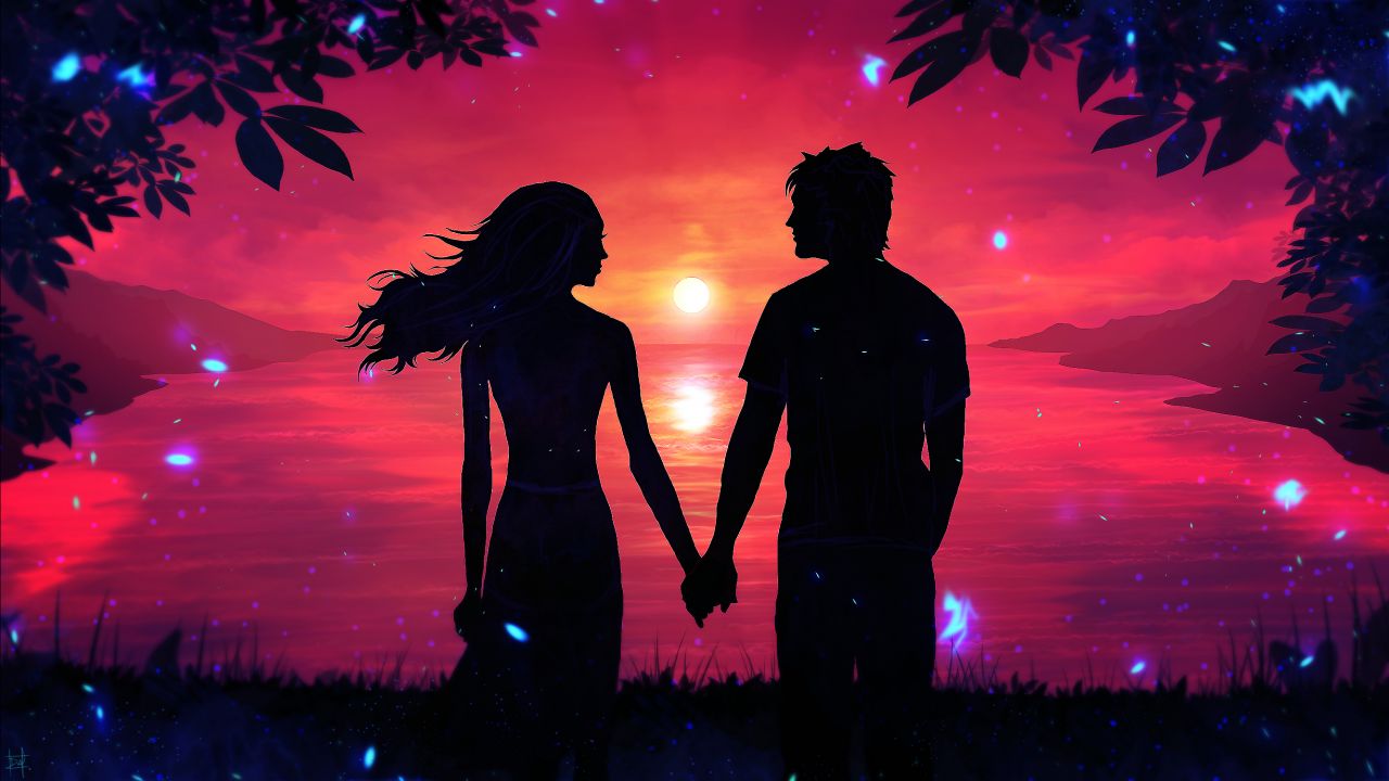 Couple, Sunset, Silhouette, Romantic, HD