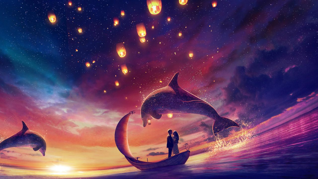 Couple, Dream, Romantic, Surreal, Sea, Lanterns, Magical