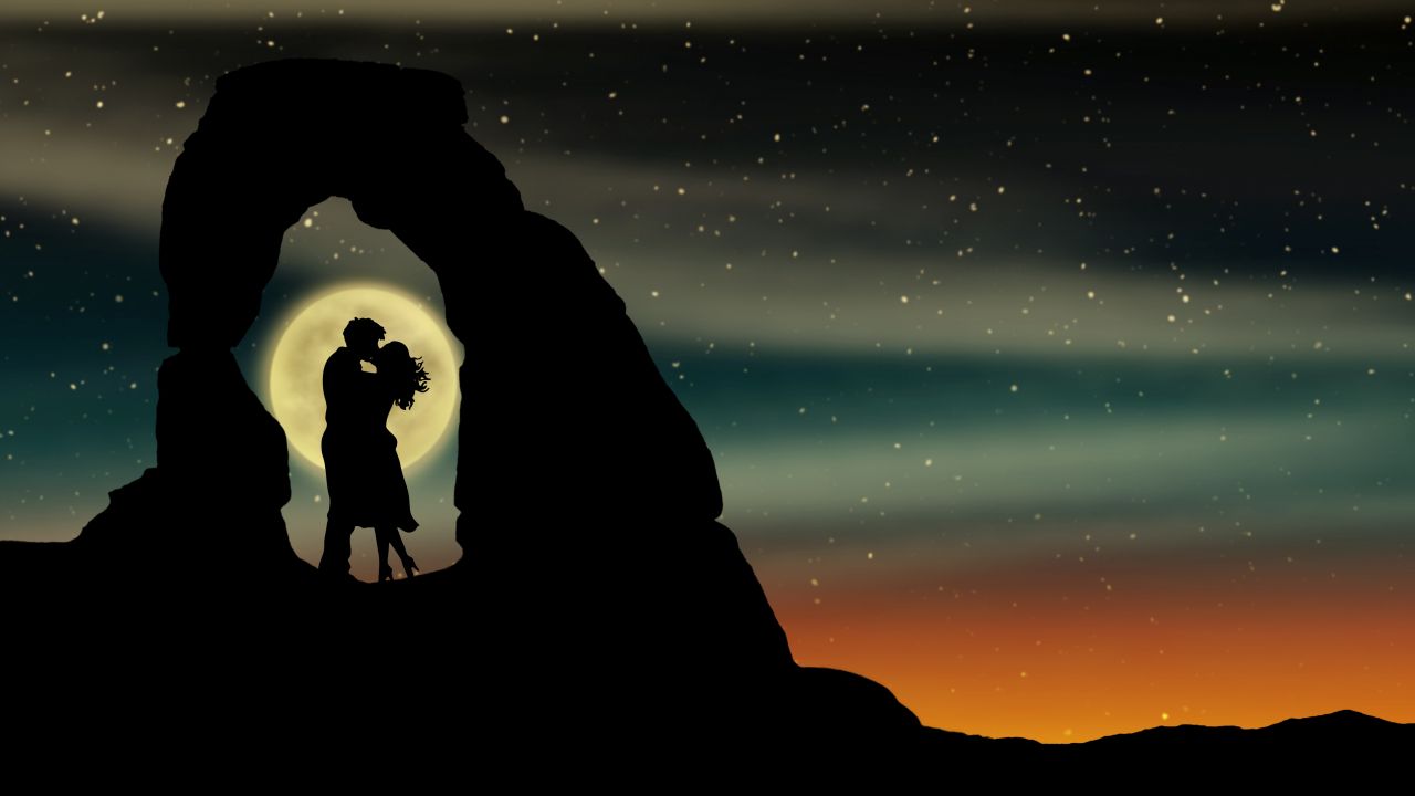 Couple, Romantic kiss, Moon, Silhouette, Lovers, 5K