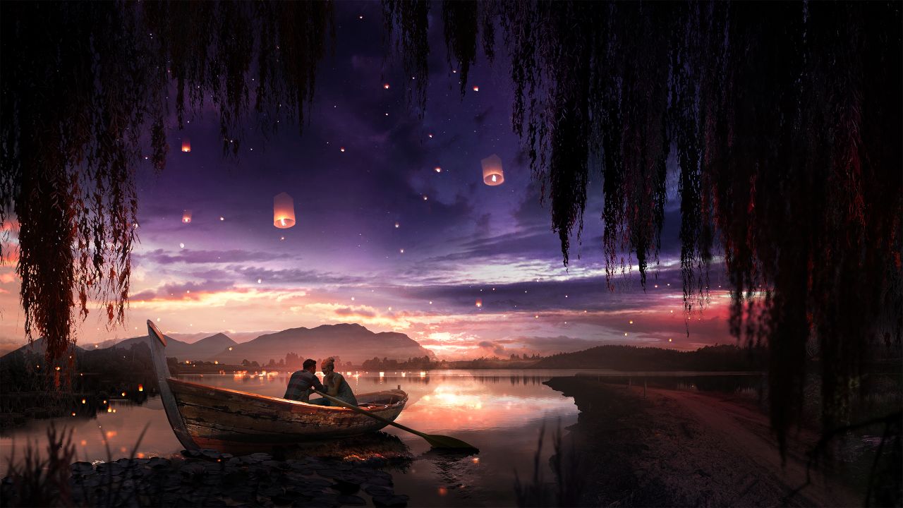 Couple, Lake, Lanterns, Reflections, Boat, HD