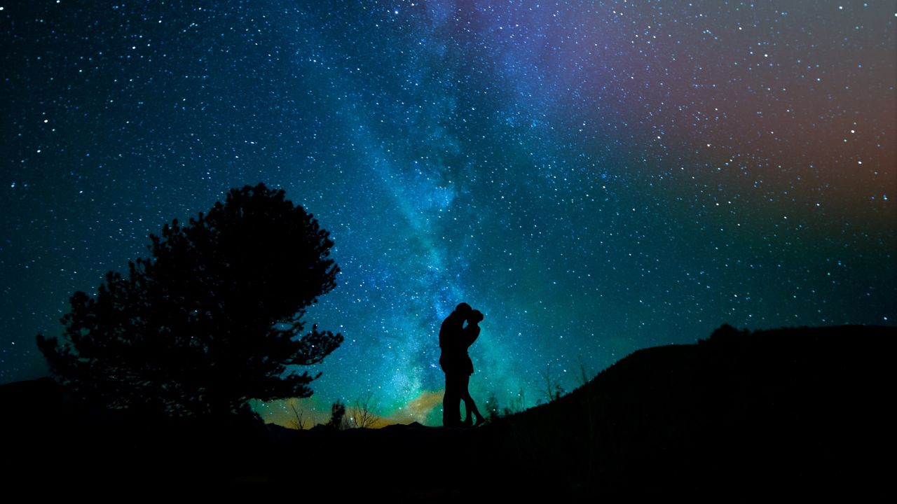 Couple, Romantic, Silhouette, Starry sky, Night, HD