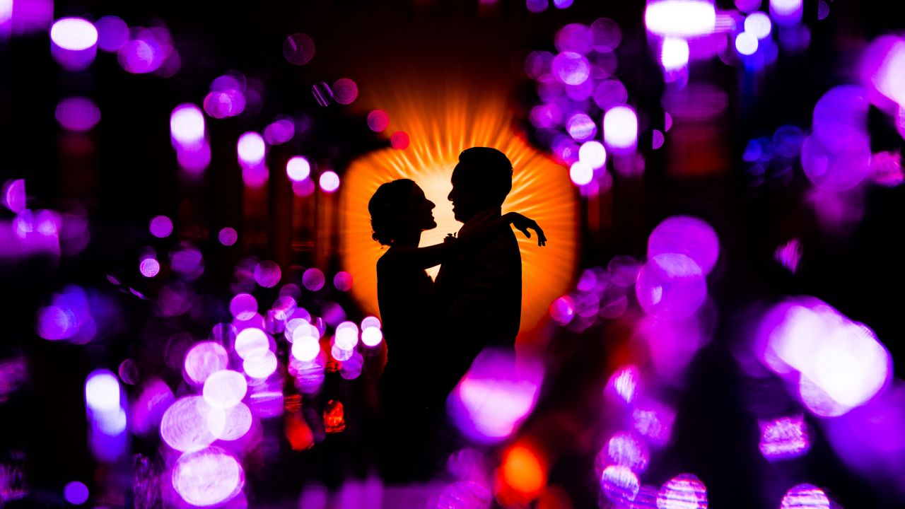 Couple, Romantic, Silhouette, Bokeh, Purple, 4K