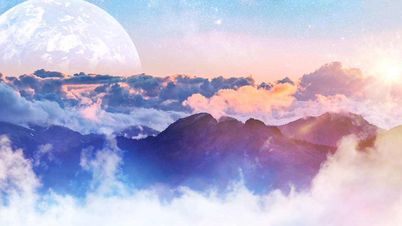 Above clouds, Mountains, Planet, Sunny day, 4K