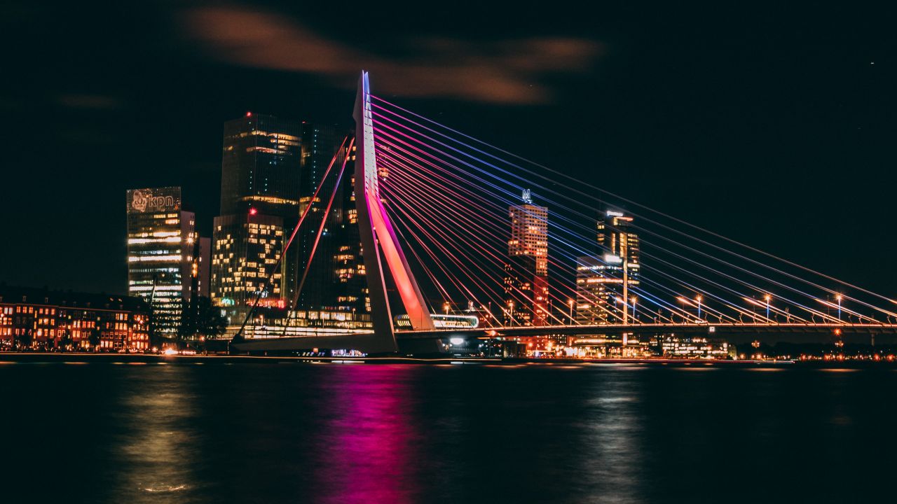 Erasmus Bridge, Night, Cityscape, Rotterdam, Netherlands, 4K
