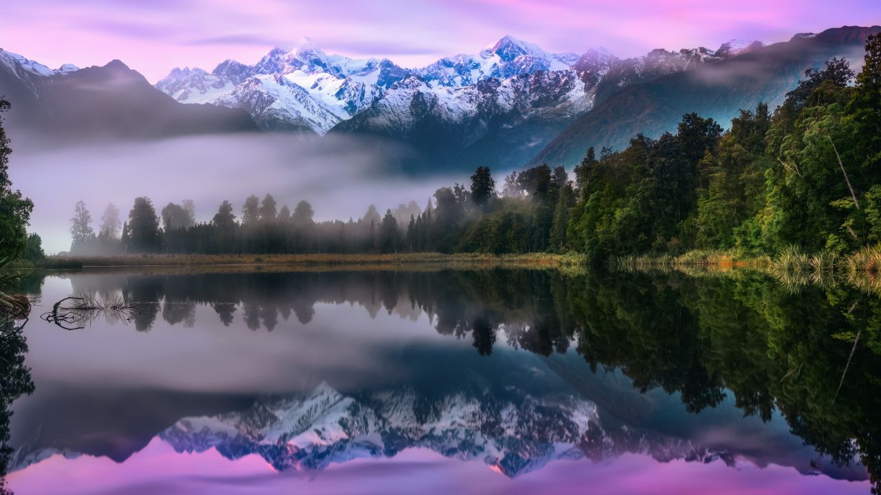 Snow mountains, Pink sky, Lake, Forest, Reflections, Landscape, Scenic, 4K