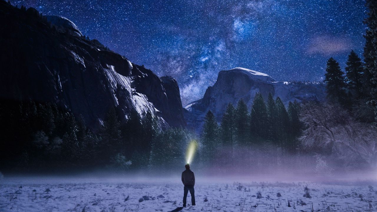 Yosemite Valley, Man, Night, Mountains, Starry sky, Milky Way, Yosemite National Park, 4K