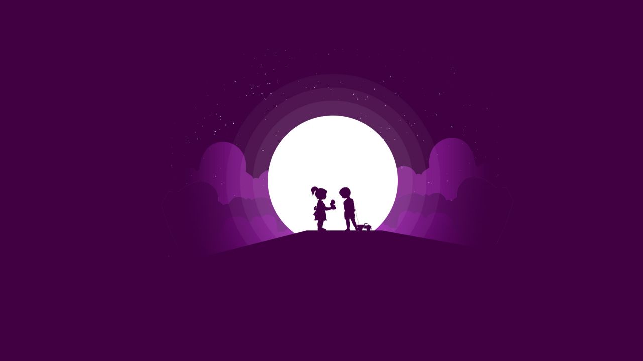 Boy, Girl, Moon, Silhouette, Playing kids, HD