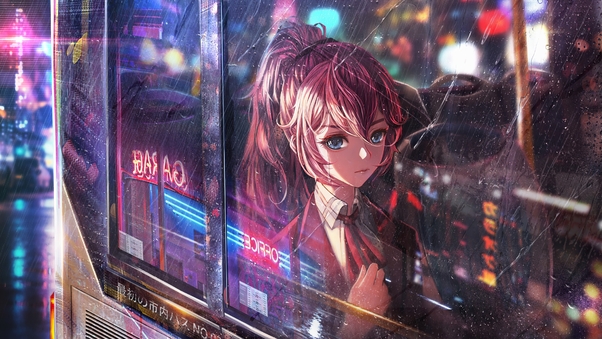صور انمي كرتون رومنسي 
Anime Girl Bus Window Neon City 4k صور انمي بنات جميلة