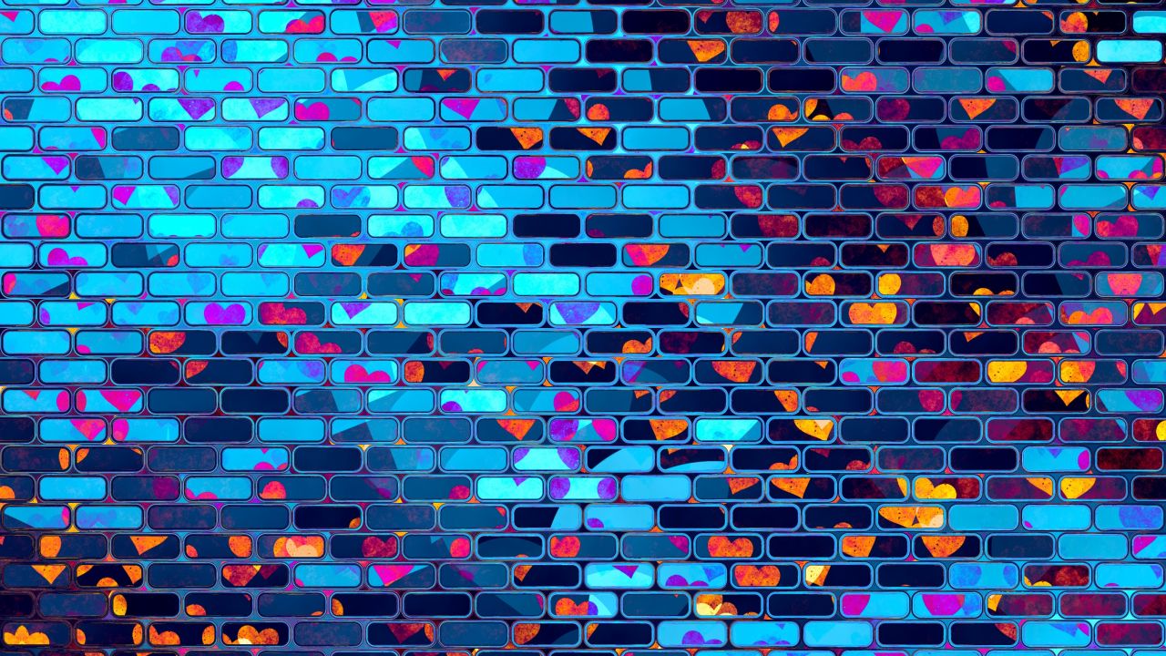 Bricks, Neon, Love hearts, Pattern, HD