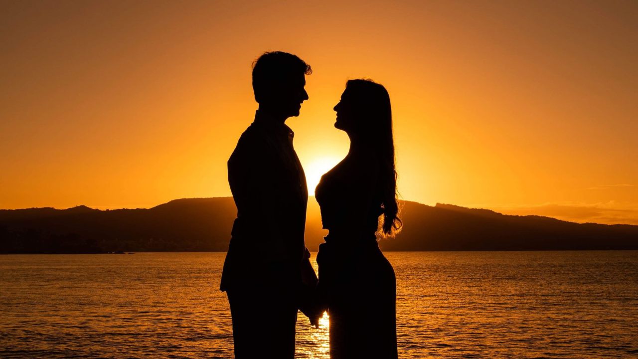 Couple, Romantic, Sunset, Silhouette, HD