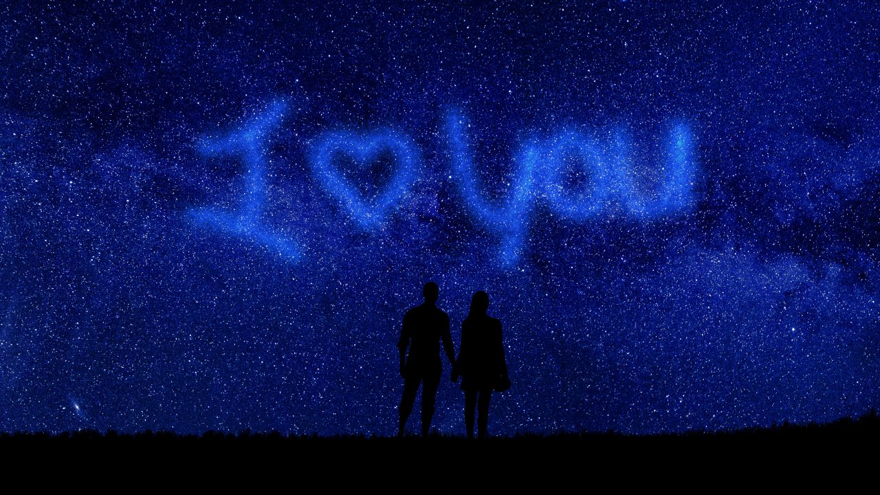 I Love You, Couple, Lovers, Silhouette, Night, Starry sky, Romantic, 5K