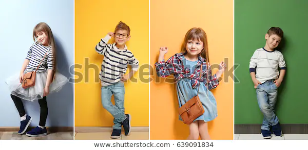Collage of stylish cute kids posing on color background