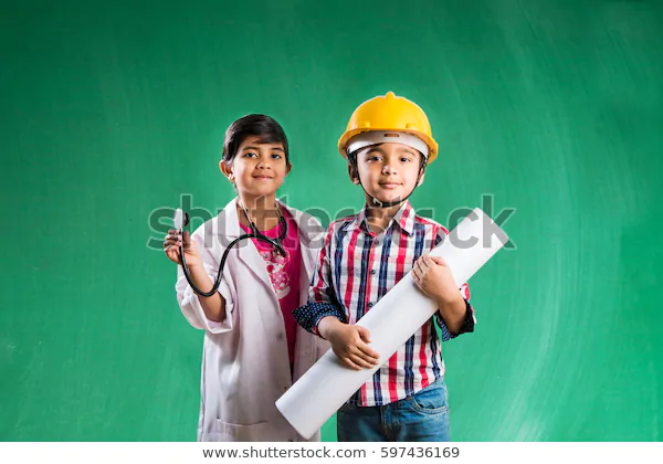 Kids and education concept - Small indian boy and girl posing in front of Green chalk board in engineers fancy dress and doctor costume with stethoscope
