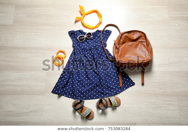 Stylish baby dress and accessories on wooden background